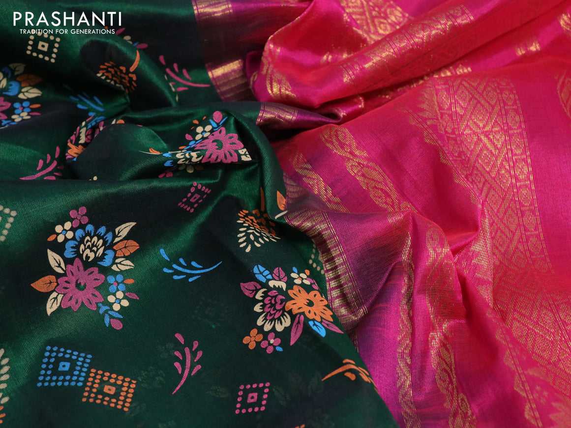 Silk cotton saree green and pink with allover floral prints and zari woven korvai border
