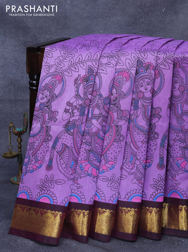 Silk cotton saree lavender shade and wine shade with allover kalamkari prints and zari woven korvai border