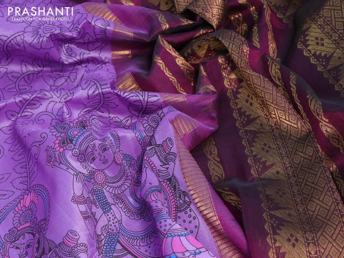 Silk cotton saree lavender shade and wine shade with allover kalamkari prints and zari woven korvai border