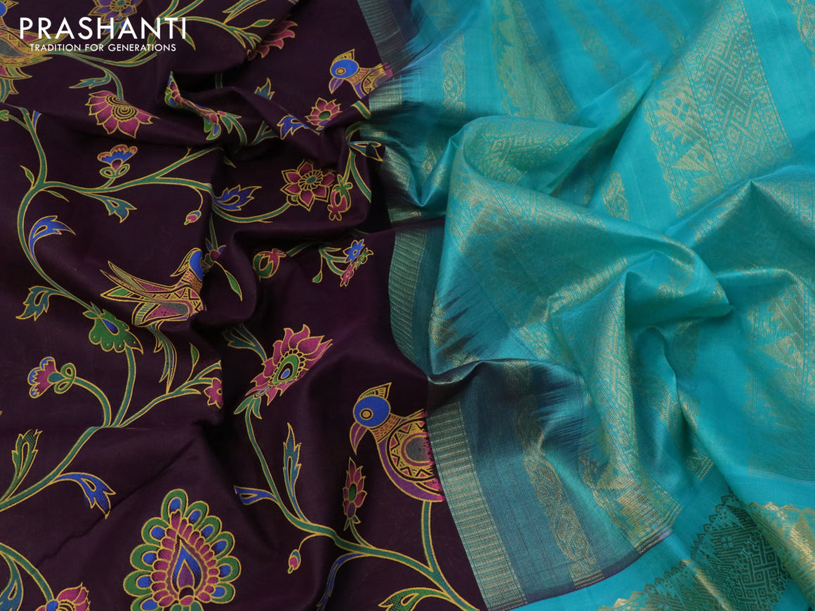 Silk cotton saree brown and teal green with allover kalamkari prints and zari woven korvai border