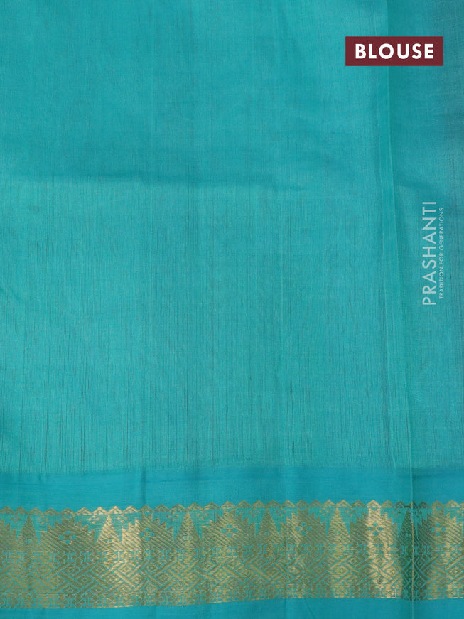 Silk cotton saree brown and teal green with allover kalamkari prints and zari woven korvai border