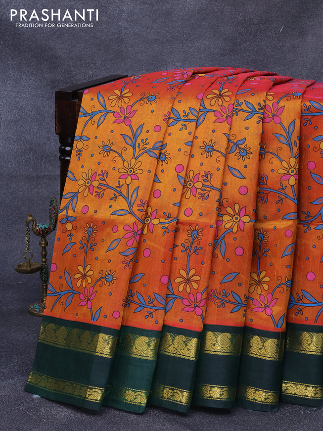 Silk cotton saree dual shade of mustard shade and green with allover prints and rettapet zari woven korvai border