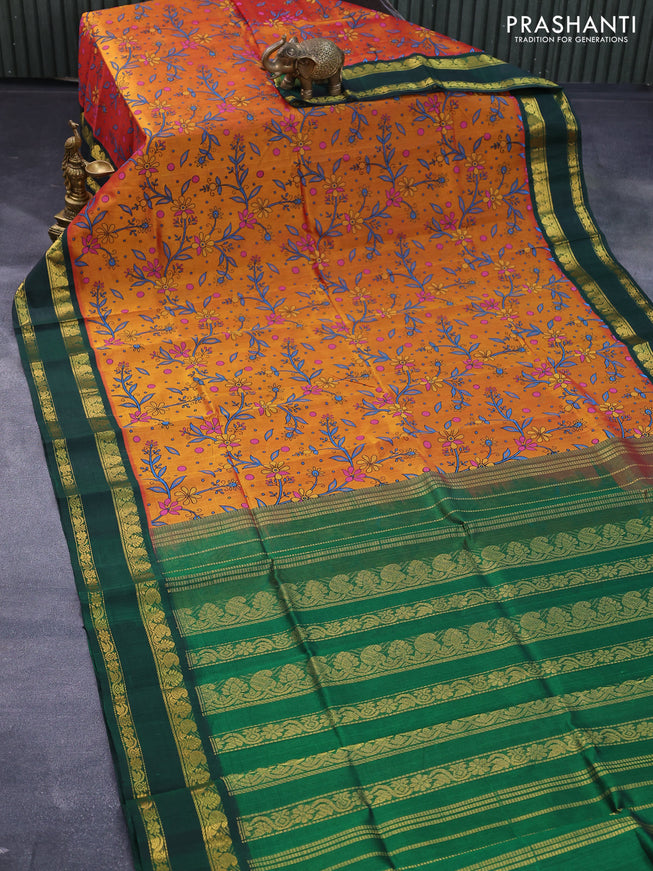 Silk cotton saree dual shade of mustard shade and green with allover prints and rettapet zari woven korvai border