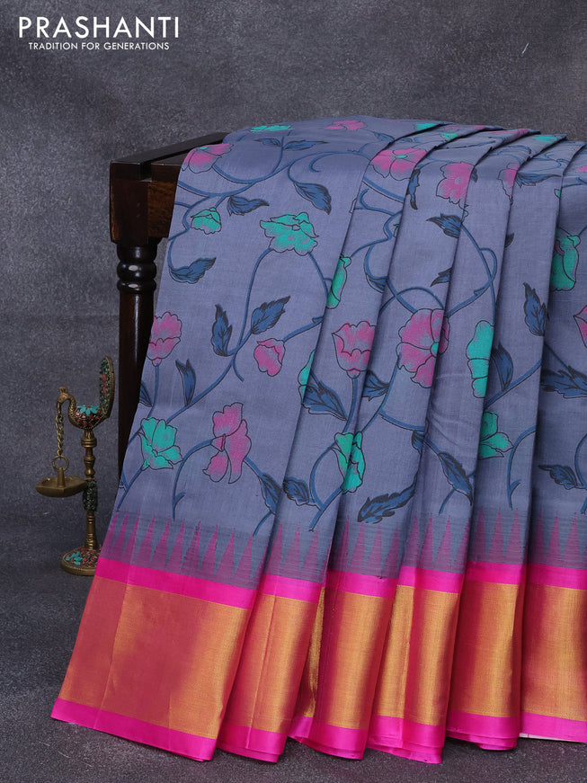 Silk cotton saree grey and pink with allover floral prints and temple design zari woven border