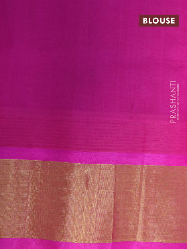 Silk cotton saree grey and pink with allover floral prints and temple design zari woven border