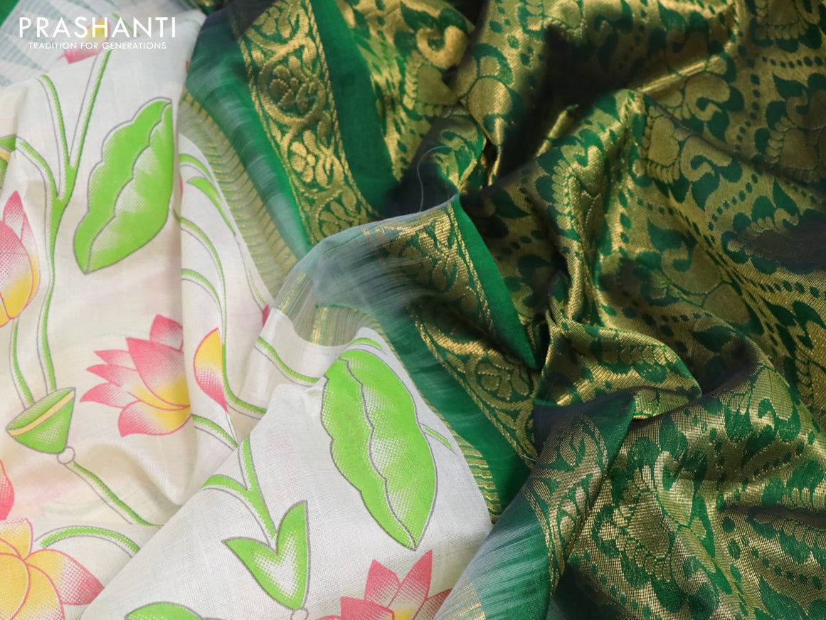 Silk cotton saree cream and green with allover pichwai prints and temple design zari woven border