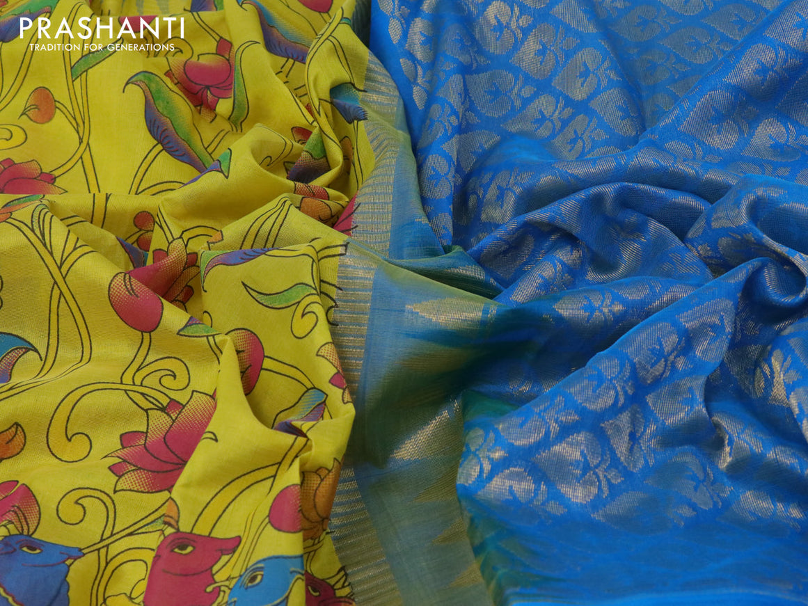 Silk cotton saree lime yellow and cs blue with allover prints and temple design zari woven border