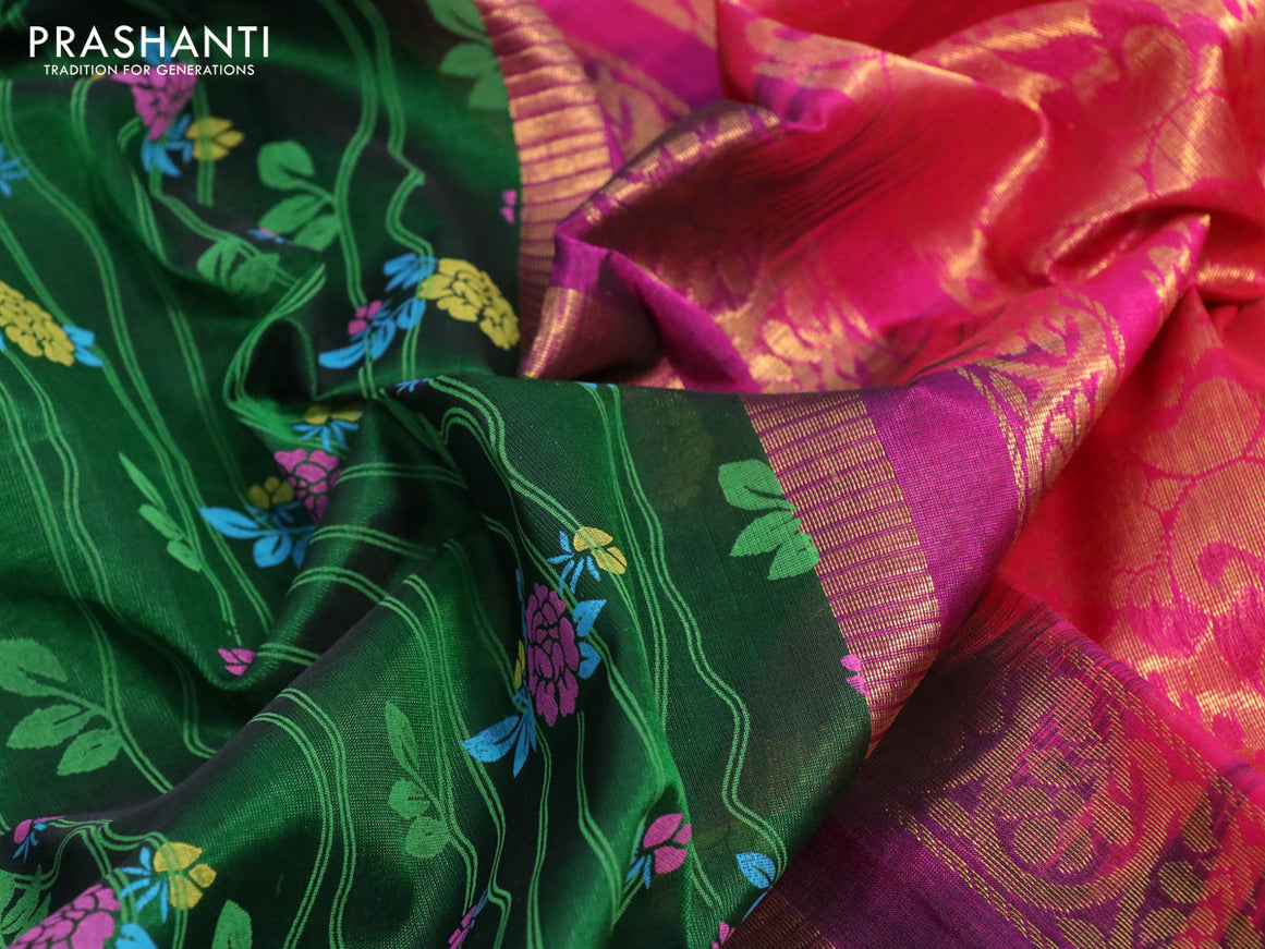 Silk cotton saree green and pink with allover floral prints and temple design zari woven simple border