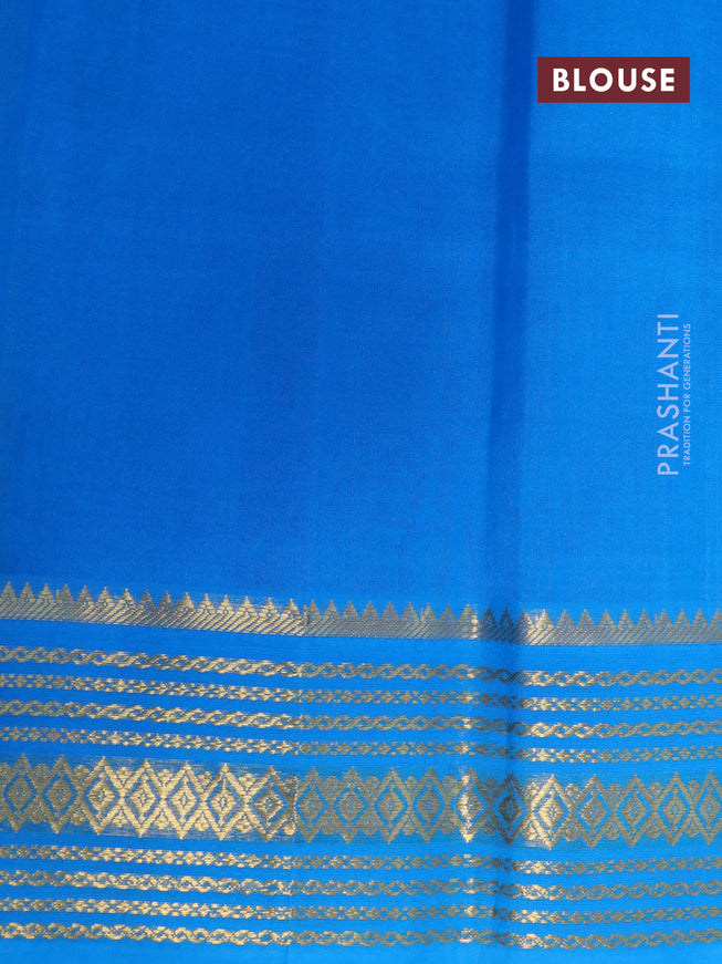 Silk cotton saree light green and cs blue with allover prints and zari woven korvai border