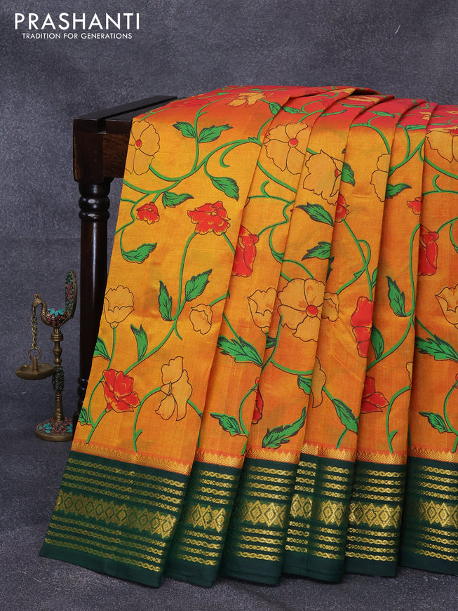 Silk cotton saree sunset orange and green with allover floral prints and zari woven korvai border