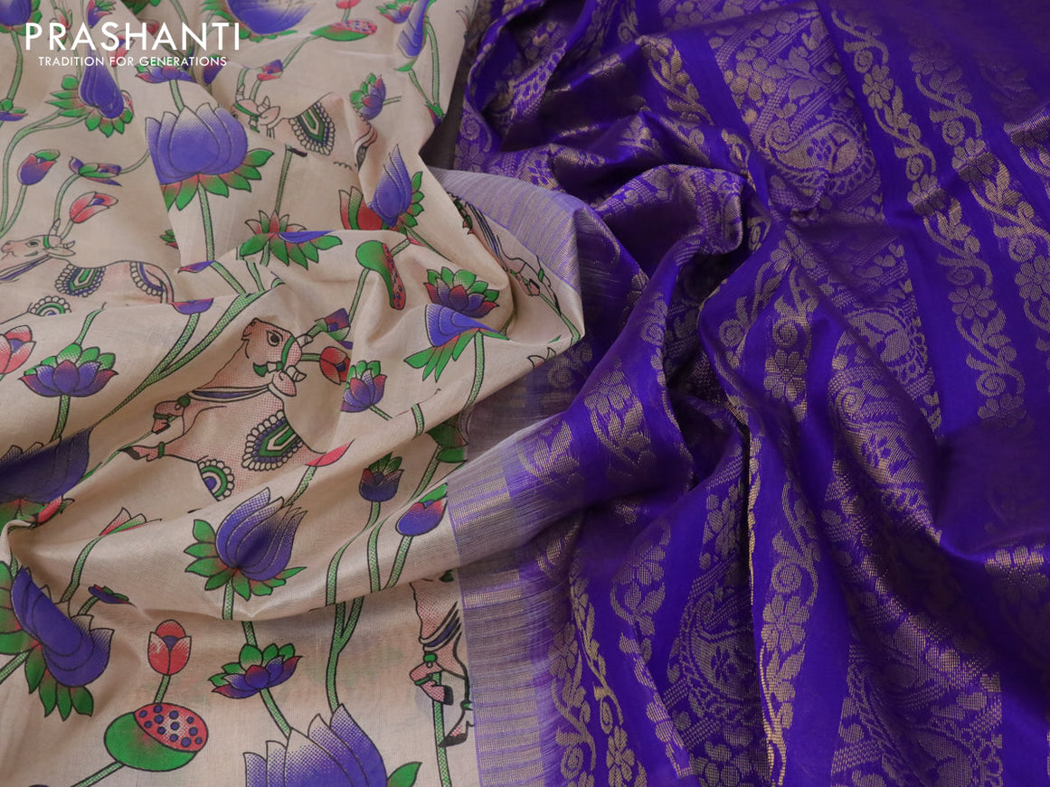 Silk cotton saree sandal and violet with allover pichwai prints and paisley zari woven korvai border