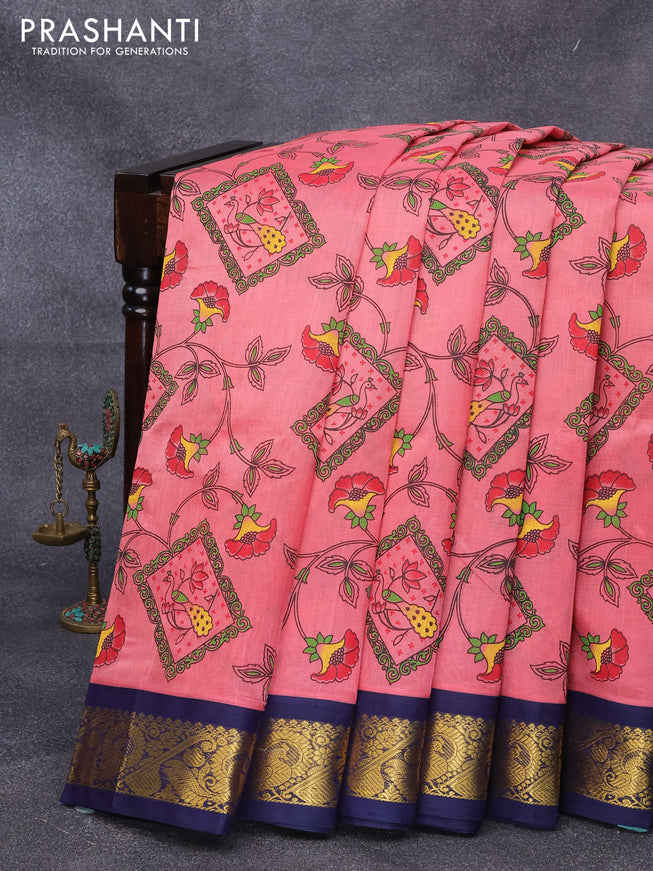 Silk cotton saree peach pink and blue with allover floral prints and annam zari woven korvai border