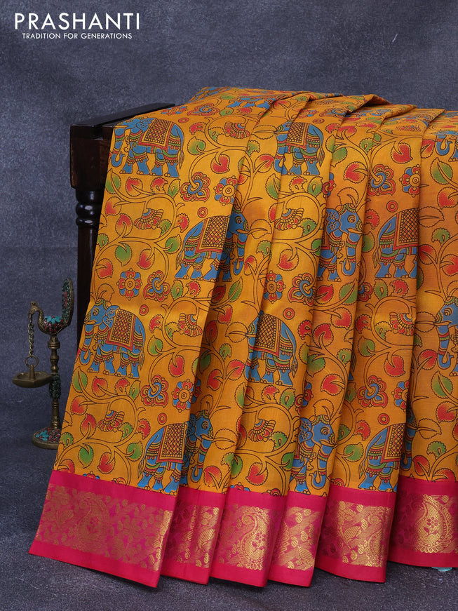 Silk cotton saree mustard yellow and pink with allover kalamkari prints and zari woven korvai border