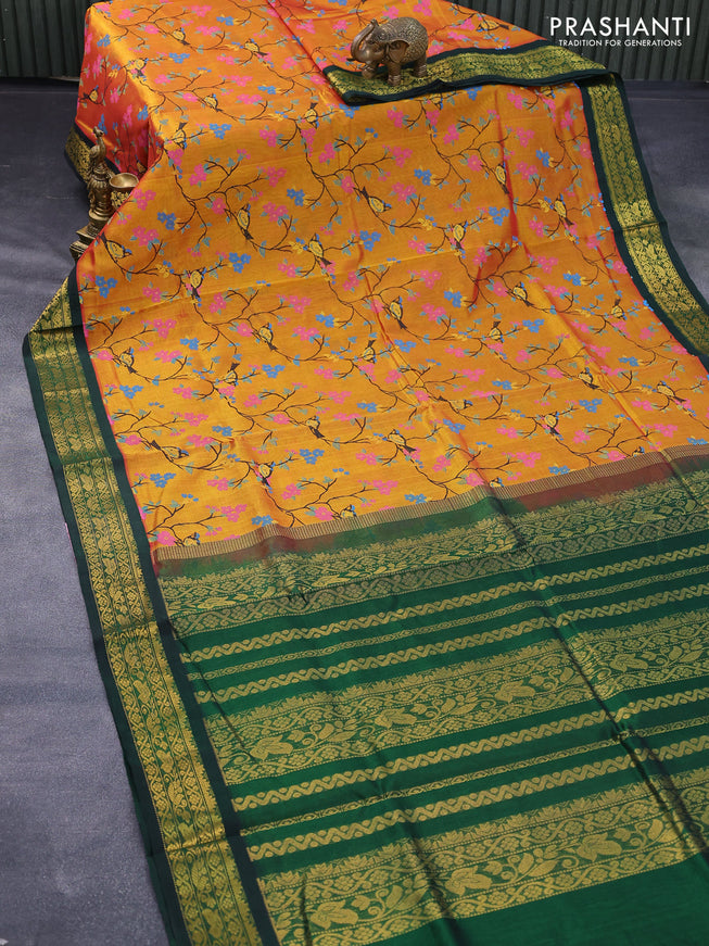 Silk cotton saree mustard yellow and green with allover floral prints and zari woven korvai border