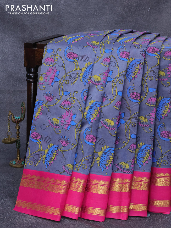 Silk cotton saree grey and pink with allover kalamkari prints and rettapet zari woven korvai border