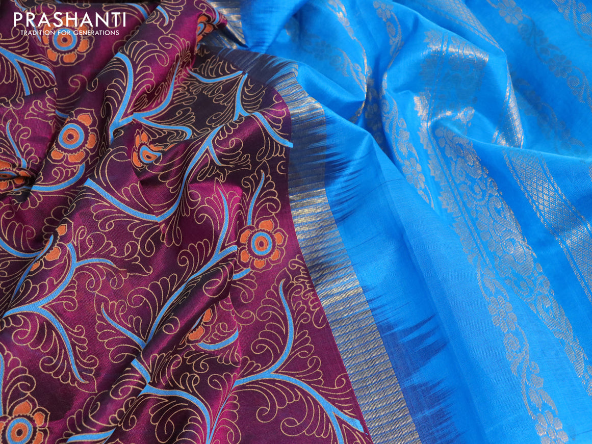 Silk cotton saree wine shade and cs blue with allover kalamkari prints and rettapet zari woven korvai border