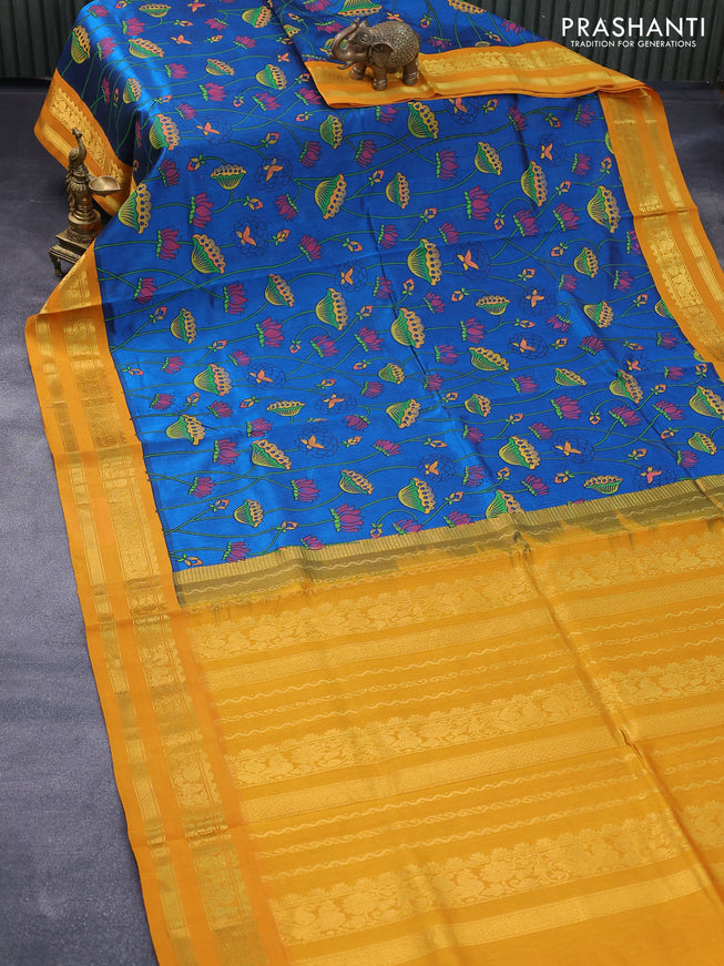 Silk cotton saree cs blue and mustard yellow with allover pichwai prints and rettapet zari woven korvai border