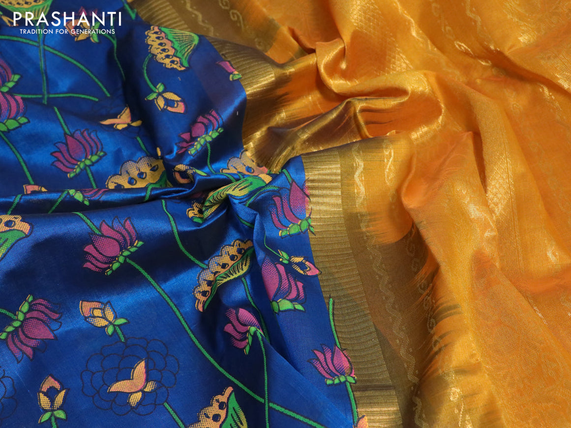 Silk cotton saree cs blue and mustard yellow with allover pichwai prints and rettapet zari woven korvai border