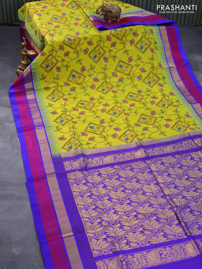 Silk cotton saree lime yellow and royal blue with allover prints and temple design zari woven simple border