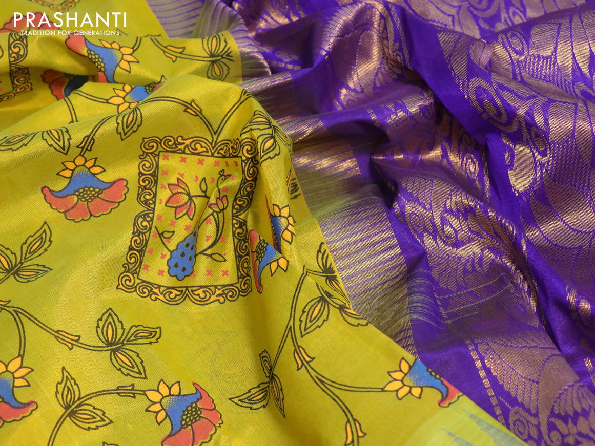 Silk cotton saree lime yellow and royal blue with allover prints and temple design zari woven simple border