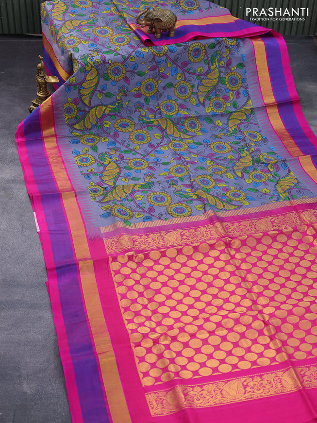 Silk cotton saree grey and pink with allover kalamkari prints and temple design zari woven simple border