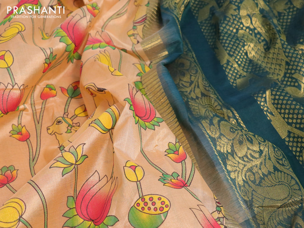 Silk cotton saree sandal and green with allover kalamkari prints and temple design zari woven simple border