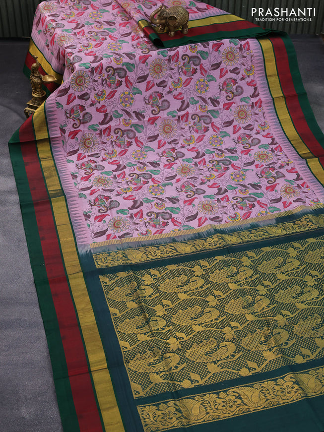 Silk cotton saree pastel pink and green with allover kalamkari prints and temple design zari woven simple border