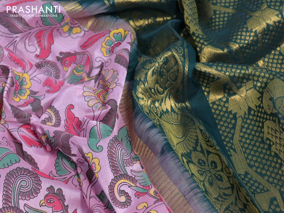 Silk cotton saree pastel pink and green with allover kalamkari prints and temple design zari woven simple border