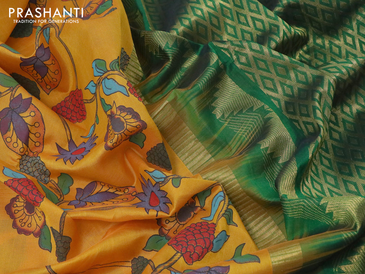 Silk cotton saree mustard yellow and green with allover prints and temple design zari woven simple border