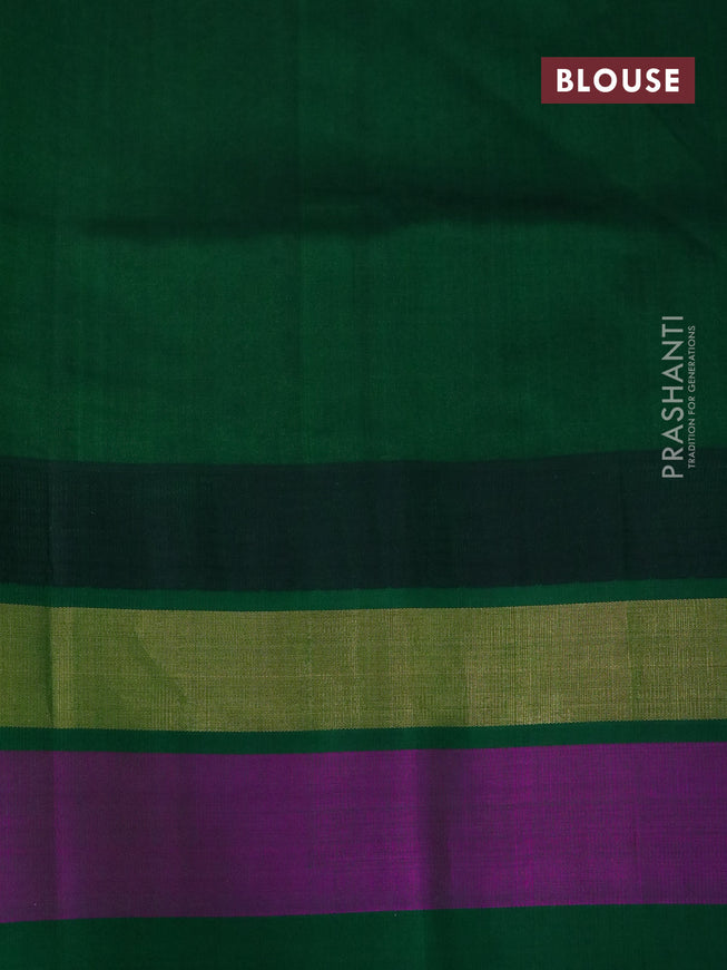 Silk cotton saree mustard yellow and green with allover prints and temple design zari woven simple border