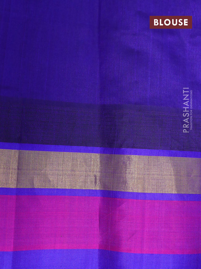 Silk cotton saree cream and blue with allover kalamkari prints and temple design zari woven simple border