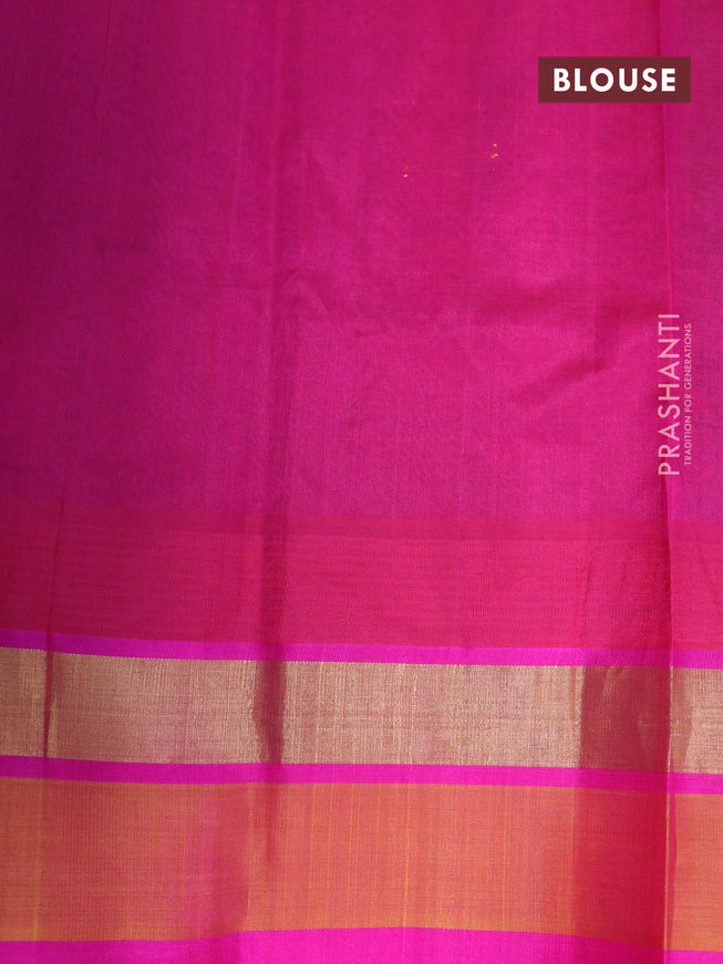 Silk cotton saree bottle green and pink with allover floral prints and temple design zari woven simple border
