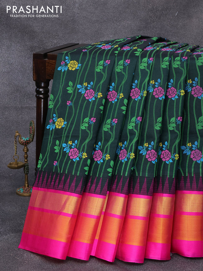 Silk cotton saree bottle green and pink with allover floral prints and temple design zari woven simple border