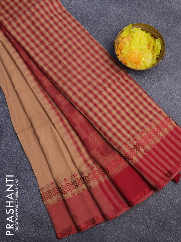 Bengal soft cotton saree sandal and maroon with plain body and thread woven border
