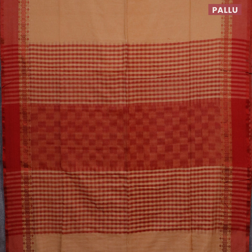 Bengal soft cotton saree sandal and maroon with plain body and thread woven border