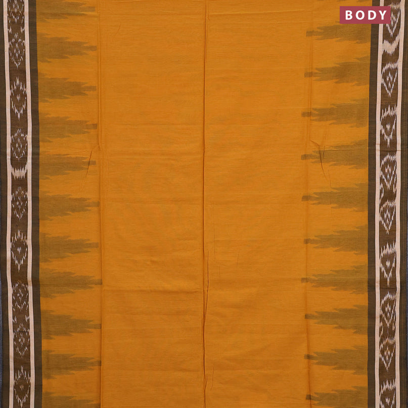 Bengal soft cotton saree mustard yellow and black with plain body and temple design simple border