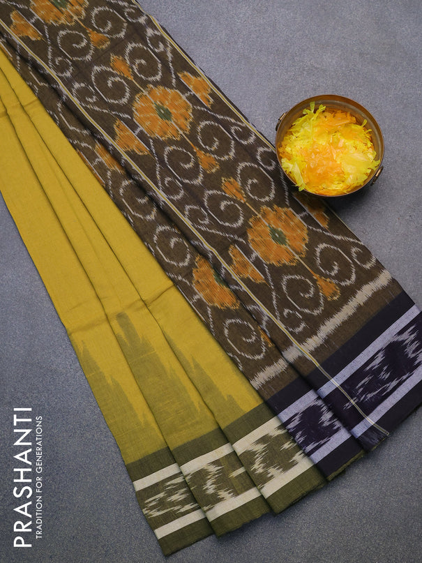 Bengal soft cotton saree yellow with plain body and temple design simple border