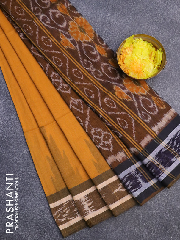 Bengal soft cotton saree mustard shade and black with plain body and temple design simple border