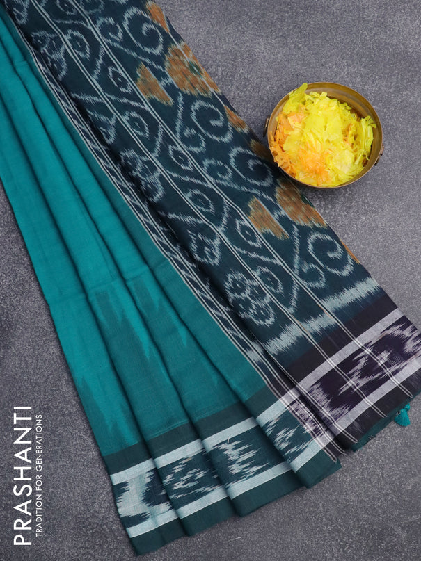 Bengal soft cotton saree teal green with plain body and temple design simple border