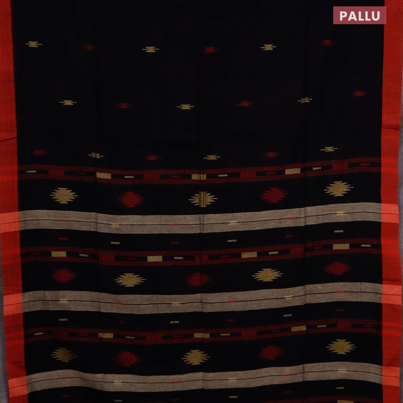 Bengal soft cotton saree black and red with thread woven buttas and simple border
