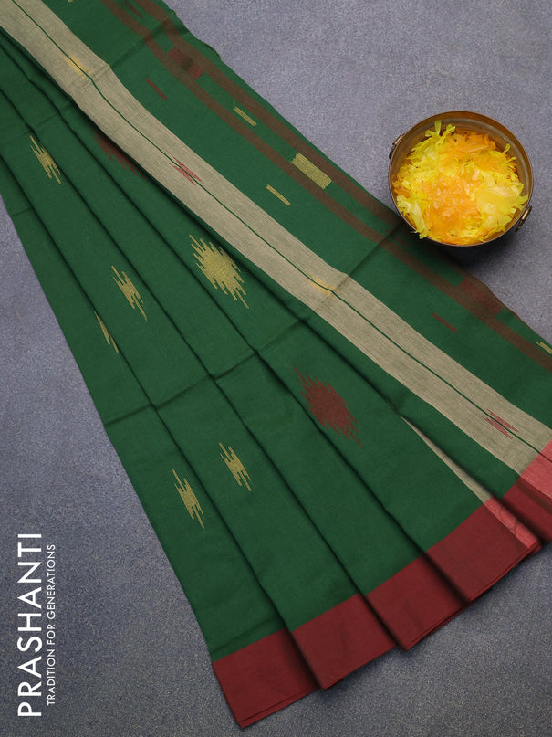 Bengal soft cotton saree green and red with thread woven buttas and simple border