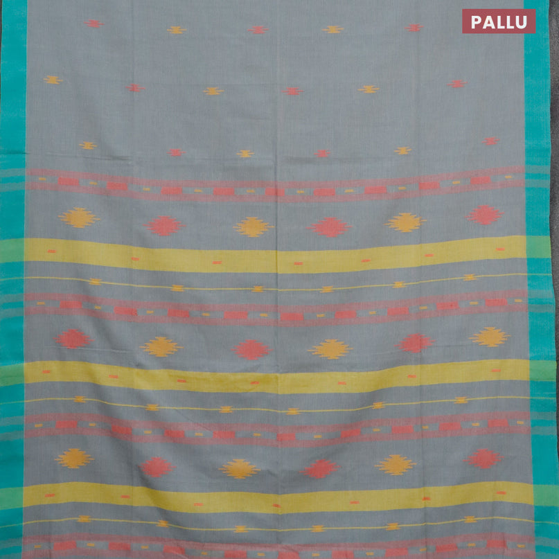 Bengal soft cotton saree grey and teal green with thread woven buttas and simple border