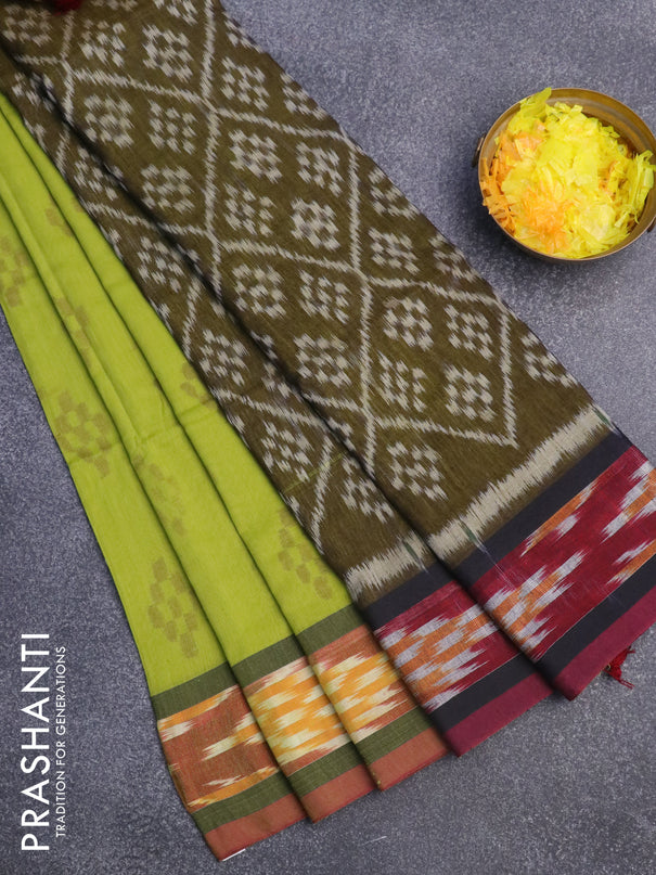 Bengal soft cotton saree light green and maroon with ikat butta weaves and ikat woven border