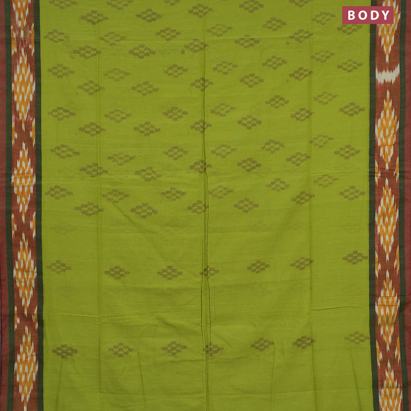 Bengal soft cotton saree light green and maroon with ikat butta weaves and ikat woven border