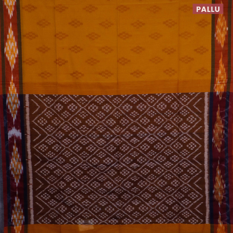 Bengal soft cotton saree mustard shade and maroon with ikat butta weaves and ikat woven border