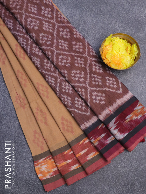 Bengal soft cotton saree dark sandal and sandal with ikat butta weaves and ikat woven border