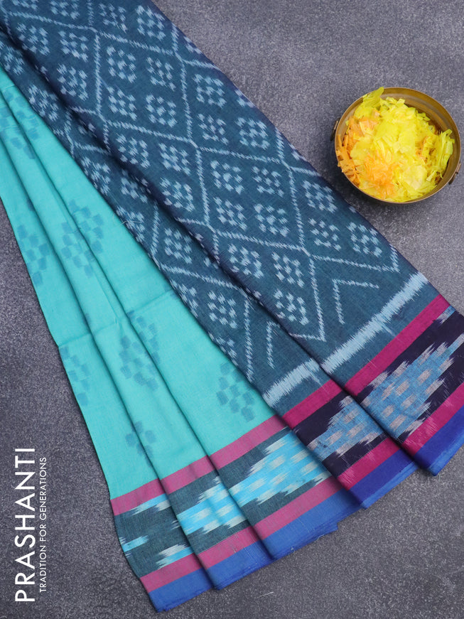 Bengal soft cotton saree teal green and blue with ikat butta weaves and ikat woven border
