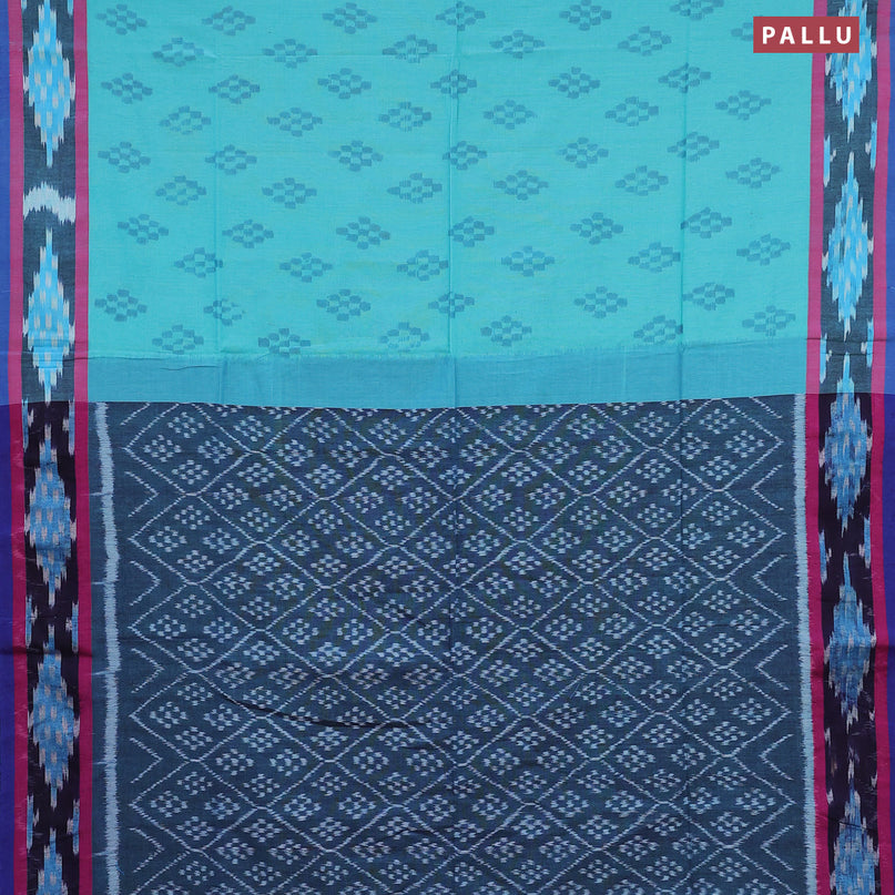 Bengal soft cotton saree teal green and blue with ikat butta weaves and ikat woven border