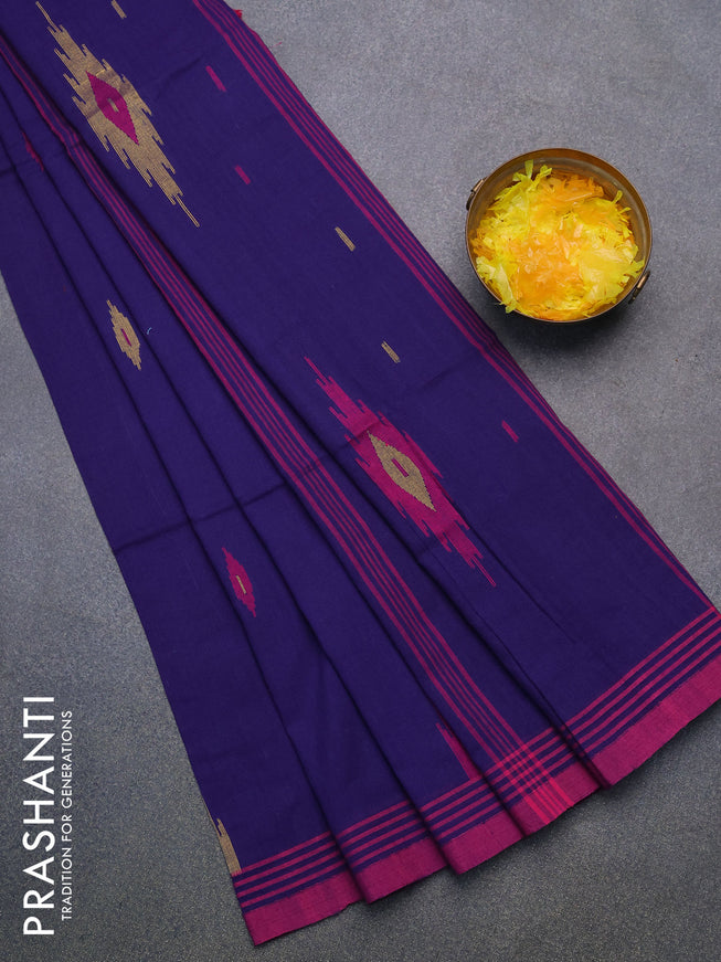Bengal soft cotton saree dark blue and pink with thread woven buttas and simple border