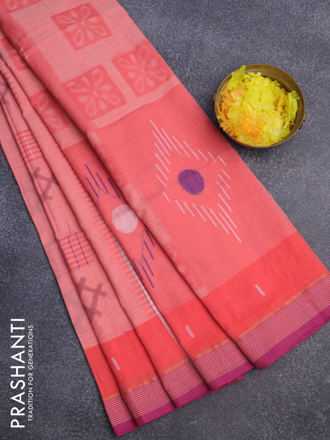 Bengal soft cotton saree peach pink and purple with ikat butta weaves and ikat woven border